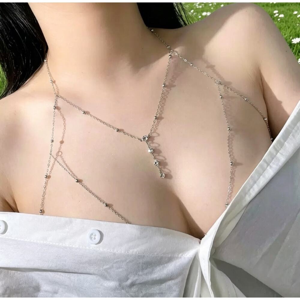 Rhinestone Beaded Layered Body Chain, Women Bikini Chest Jewelry